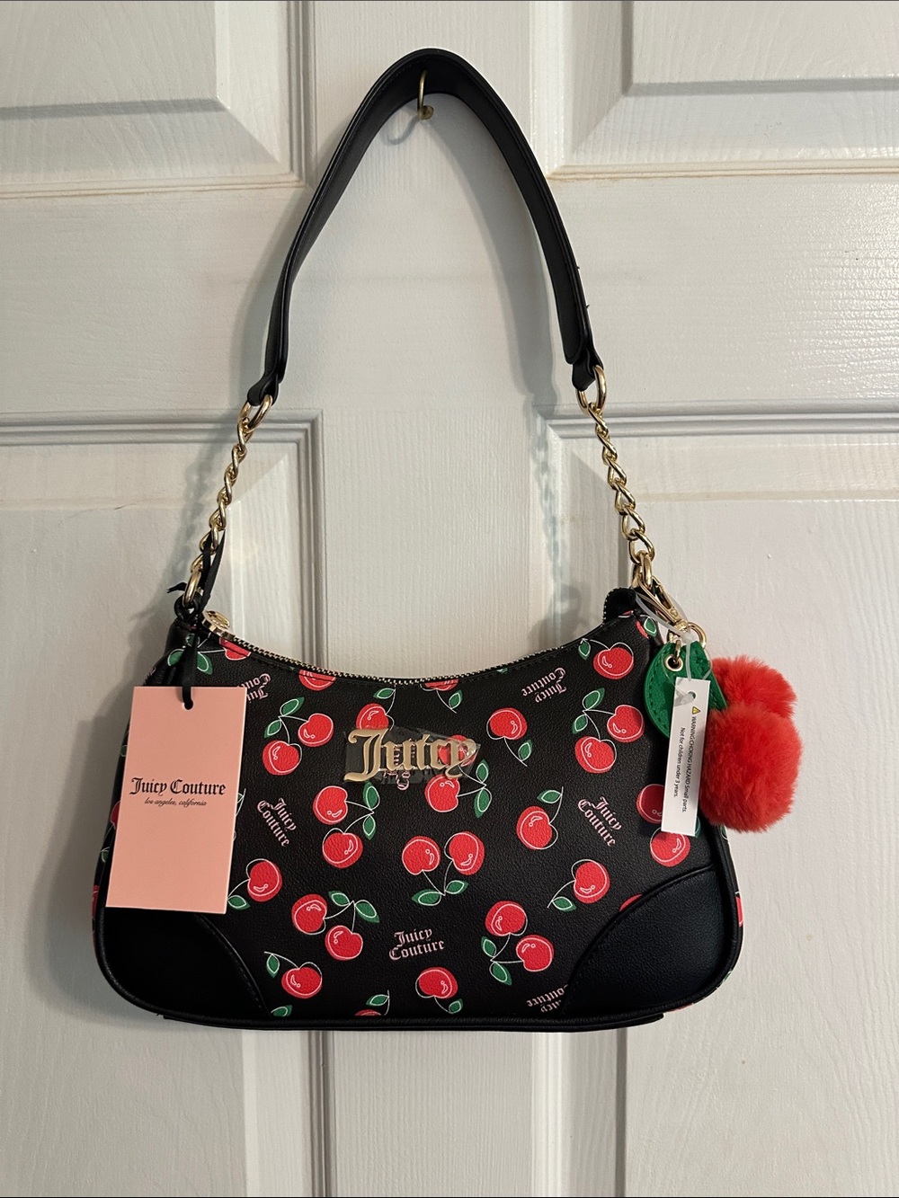 Juicy Couture Black Shoulder Bag with Cherry Print and Red Cherry Pom Charm
